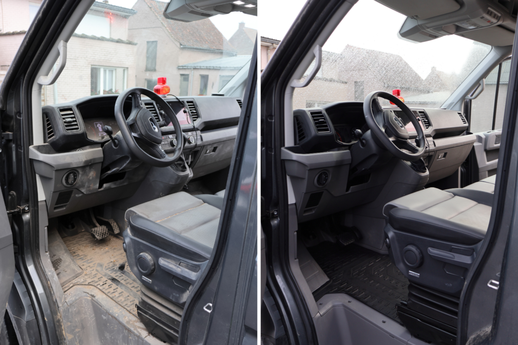 interieur bedrijfswagen vóór en na dieptereiniging – duidelijk verschil in cabine