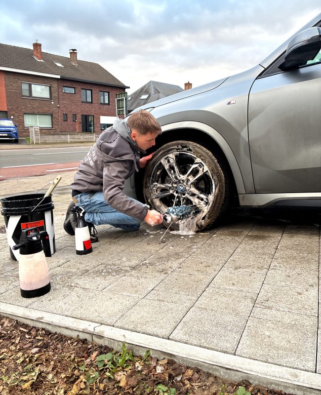 Exterieur dieptereiniging van wagen met handwas en reiniging van velgen in Deerlijk